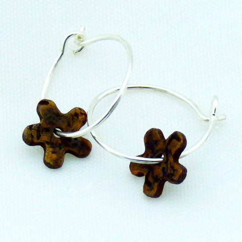 Distressed Tiny Floret Copper and Sterling Silver Hoop Earrings