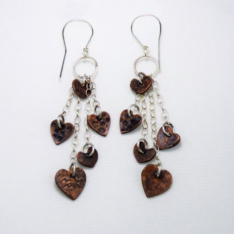 Dangle and Drop Sterling Silver Earrings with Multiple Copper Hearts