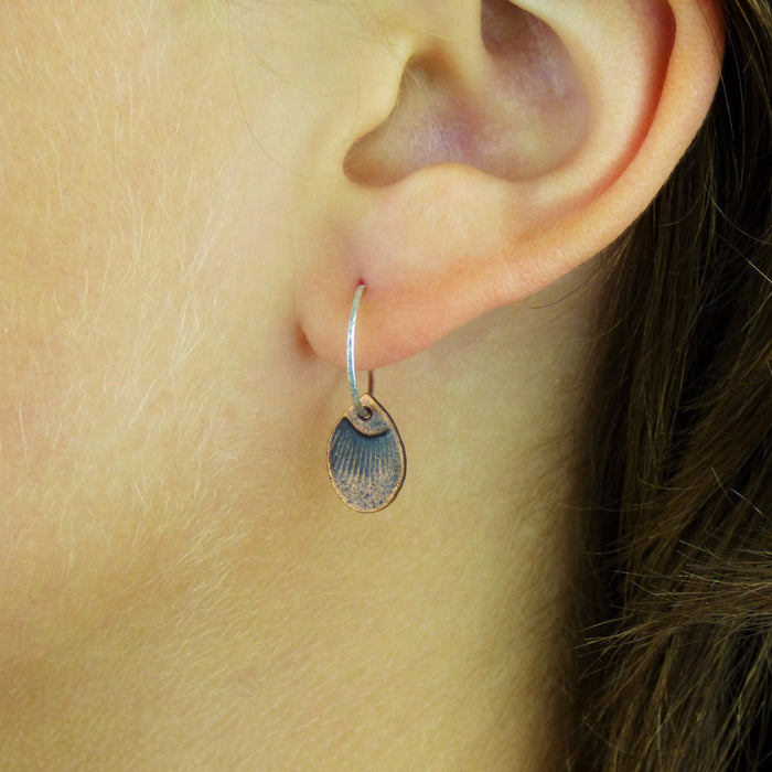 Blackened Copper Feather and Sterling Hoop Earrings