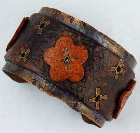 Hand Forged Copper Cuff with Distressed Leather and Flowers