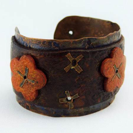 Hand Forged Copper Cuff with Distressed Leather and Flowers