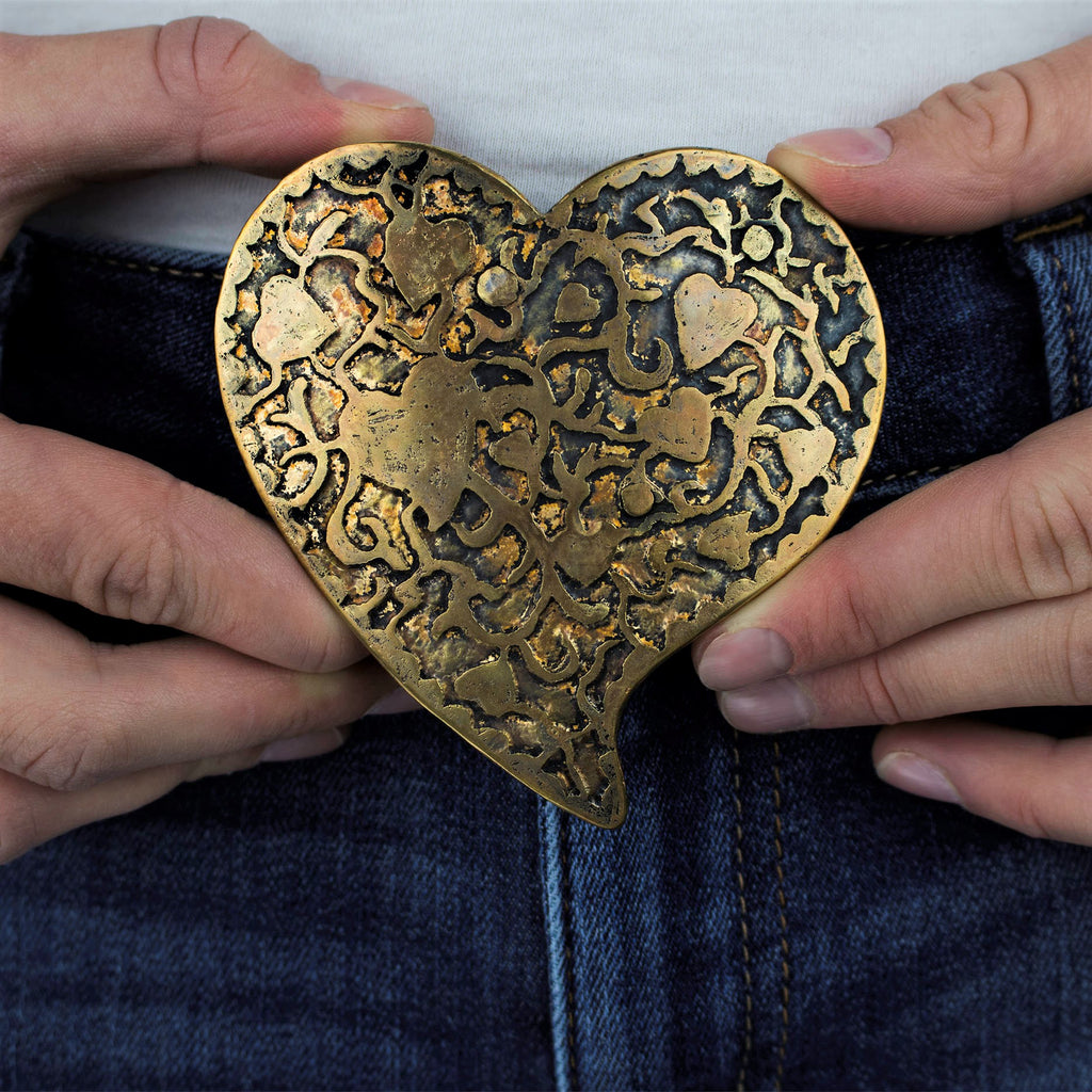 Gold Brass Heart Belt Buckle with Etched Motif – LPDstudios