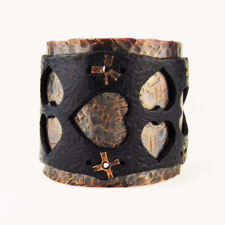 Hand Forged Copper and Black Leather Wide Wrist Cuff with Heart Motif