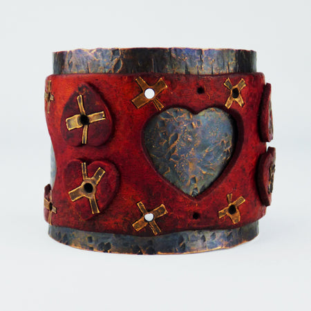 Red Vintage Heart Leather and Rustic Copper Wide Cuff