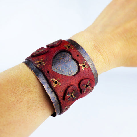 Red Vintage Heart Leather and Rustic Copper Wide Cuff