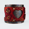 Red Vintage Heart Leather and Rustic Copper Wide Cuff