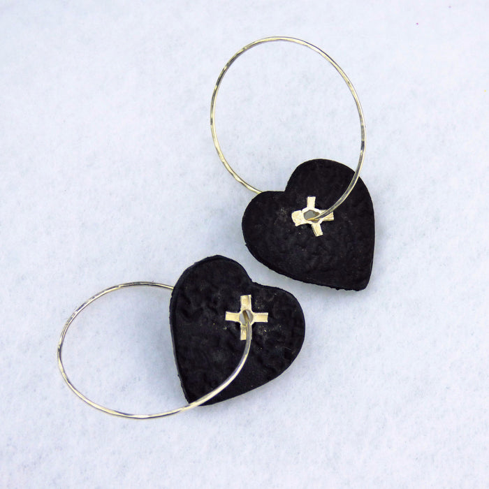 Black Leather Heart and Sterling Silver Earrings with Rivets