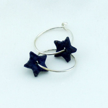 Delicate Cadet Blue Distressed Leather Stars and Sterling Silver Hoop Earrings