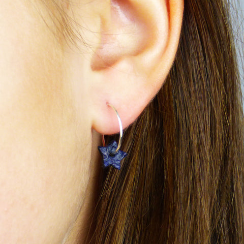 Delicate Cadet Blue Distressed Leather Stars and Sterling Silver Hoop Earrings