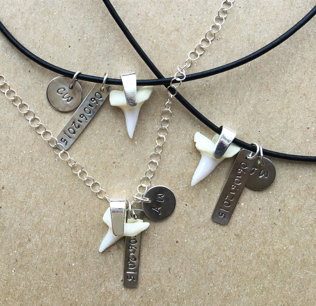 Custom Sharks Teeth Necklaces with Monogramming and Anniversary Dates in Sterling Silver and Leather
