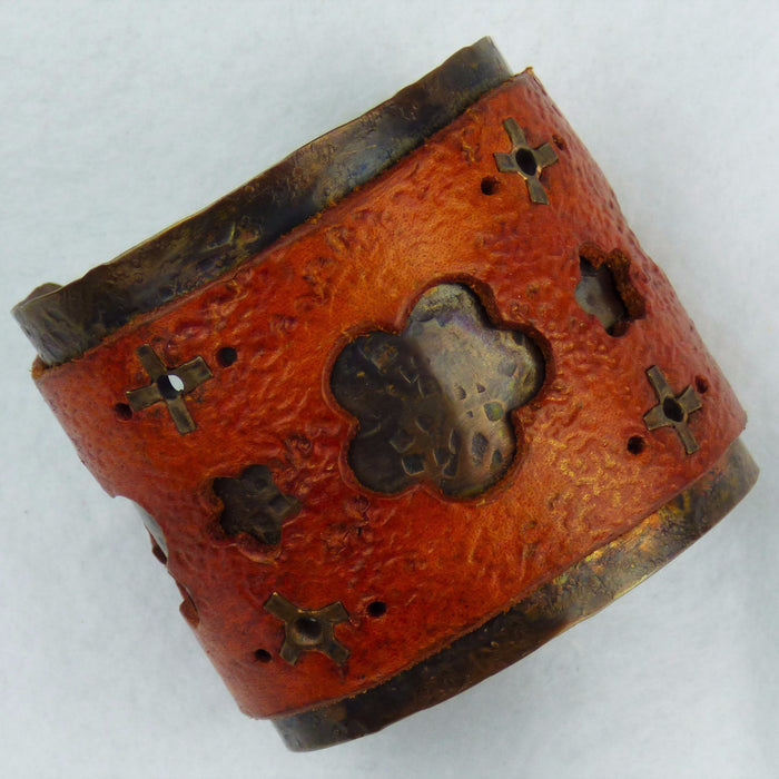 Distressed Copper Leather Cuff with Floral Cut Outs and Hand Cut Rivets